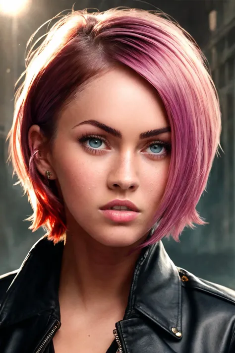 a woman with pink hair and a black jacket