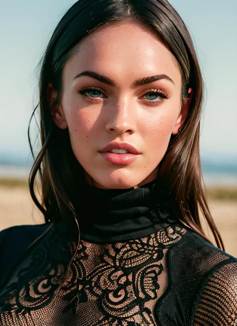 a close up of a woman with long hair wearing a black top