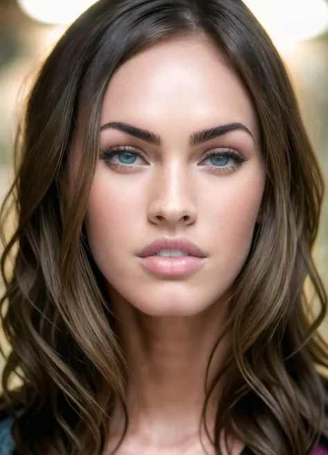 a close up of a woman with long hair and blue eyes