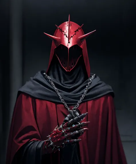 a man in a red robe and a red mask holding a knife