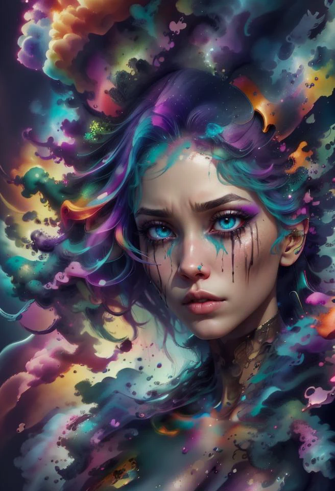 1girl, solo,  picture of a beautiful dissolving woman, looking at viewer, intricate, absurdres, highest-quality, extremely-detailed, masterpiece, 8k UHD, 4k HDR, RAW photograph, film-grain, ral-dissolve colorful_fumes, (drips:0.7), sad, melancholic, 