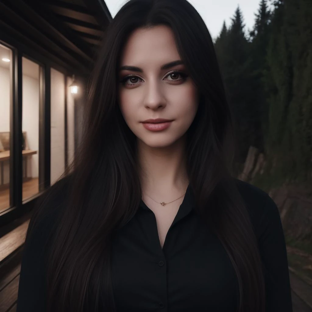 house, peop Best_QualityPos, RAW photo, intricate details, best quality, 8k uhd, soft lighting, 1girl, solo, sweetanita, long hair, brown eyes, black collared shirt, outdoors 