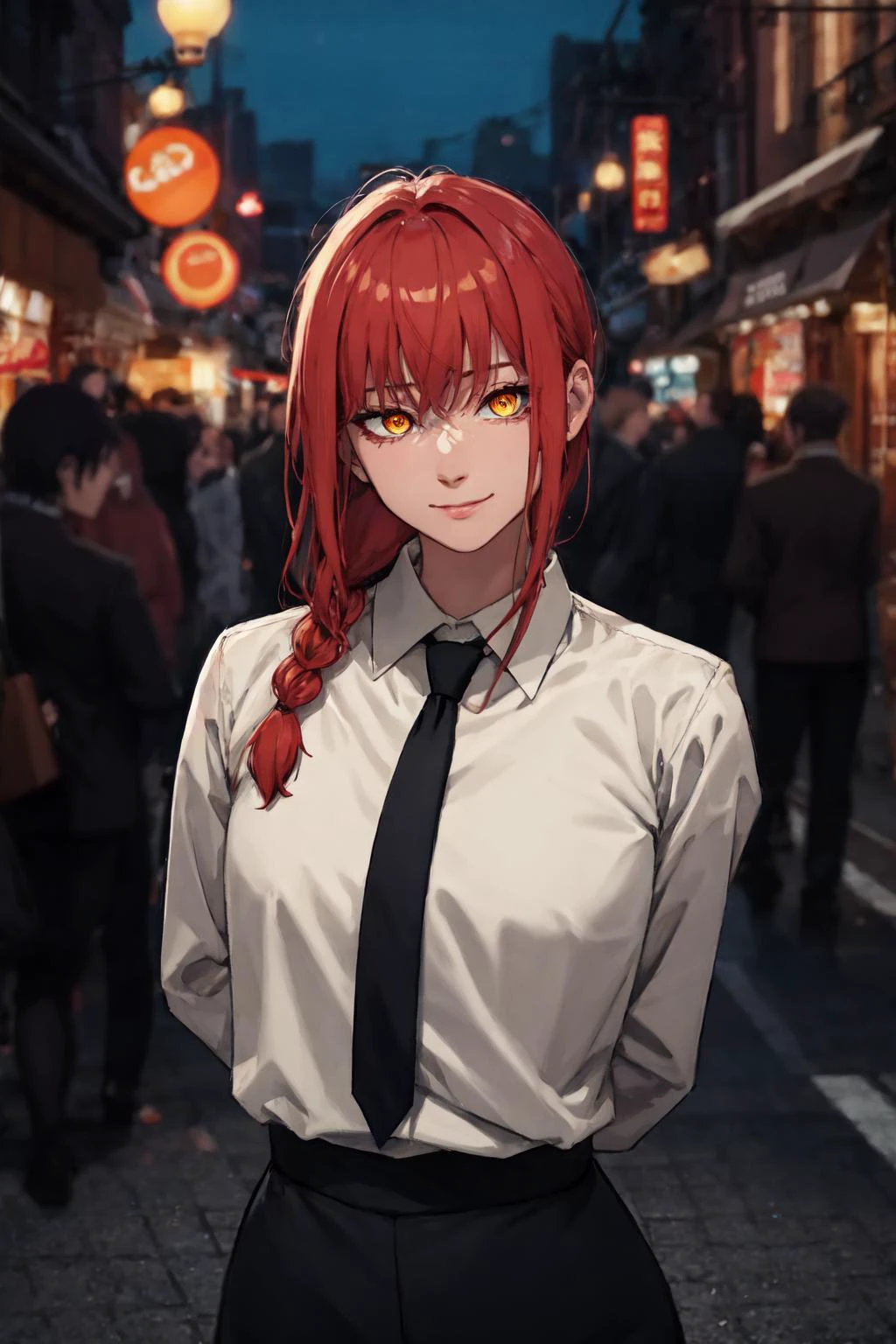 absurdres, [perfect shadows, masterpiece, attentive, high quality, detailed, extremely detailed, 4K, high definition, intricate, cinematic, 8k, ultra quality, 8K UHD,official art, illustration, 1girl, aged_up, solo, looking at viewer, makima, red hair, braided ponytail, yellow eyes, ringed eyes, white shirt, necktie, black pants, smug, city, street, night, dark, shadow on face, cinematic scene, arms behind back, anime, manga, upper-body
