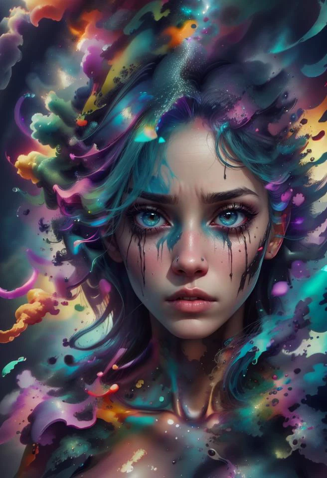 1girl, solo,  picture of a beautiful dissolving woman, looking at viewer, intricate, absurdres, highest-quality, extremely-detailed, masterpiece, 8k UHD, 4k HDR, RAW photograph, film-grain, ral-dissolve colorful_fumes, (drips:0.7), sad, melancholic, 