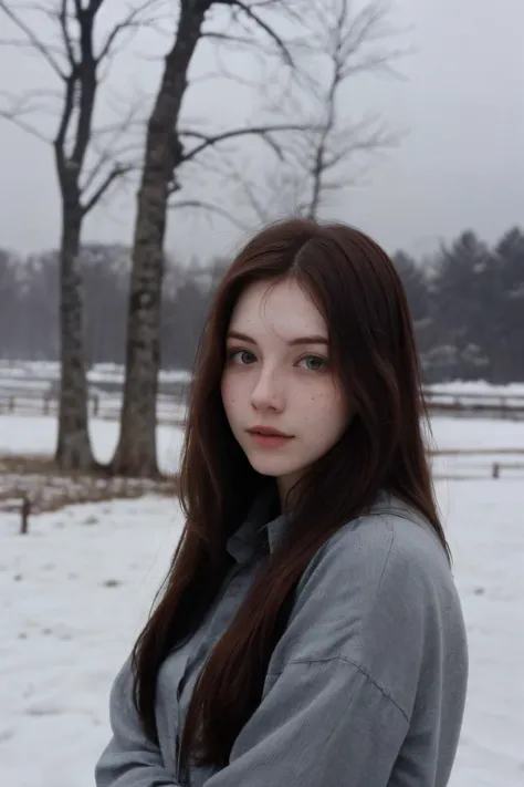 (face frame:1.2), portrait photo of a Analuk22, pale skin, ( long shirt:1.2), innocent, winter forest, fog, snow in the air, sno...