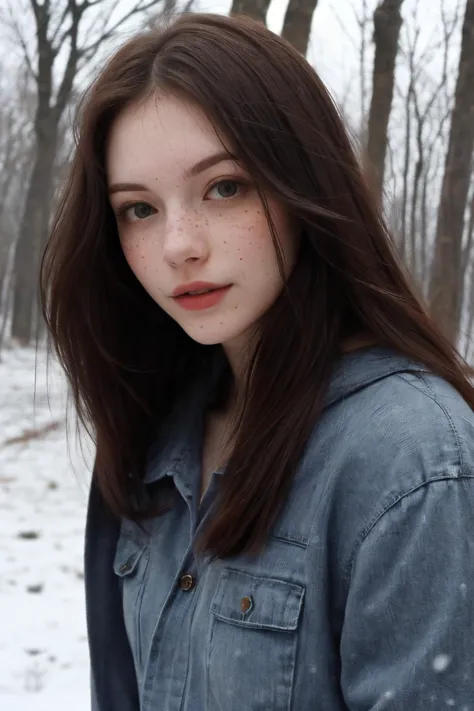 (face frame:1.2), portrait photo of a Analuk22, pale skin, freckles, ( long shirt:1.2), innocent, winter forest, fog, snow in th...