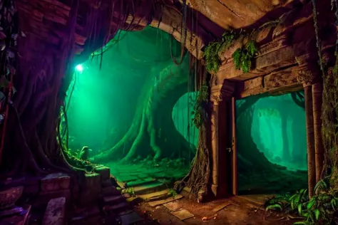 a tree growing over a building, in an ancient tomb, in a jungle environment, doorway, abandoned photograph, inspired by Keith Parkinson, yuan - ti, gnarled, clothed in ancient, tomb raider, asian features, temple oasis, underground facility, damage, doorways, trees,  <lora:FantasyLandscape:.5>, <lora:LowRA:0.5> ,<lora:detailed_notrigger:1>,  <lora:epiCRealismHelper:1>