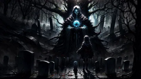 (volumetric lighting, best shadows, dark art, creepy atmosphere), surreal, (horror \(theme\):1.1), (otherwordly:1.5), BREAK, (cursed tree:1.3), (a kid in the center of a cursed graveyard:1.2), orbs of pulsating iridescence, abyss without end, nightmarish landscape, despair, terror, fear inducer, heavy fog, loneliness, specters, BREAK, (tombstones:1.3), apocalipse, doom, EdobHorrorLandscape, <lora:LowRA:0.7>, <lora:add_detail:1> , <lora:EdobHorrorLandscape_v1.0:0.1>