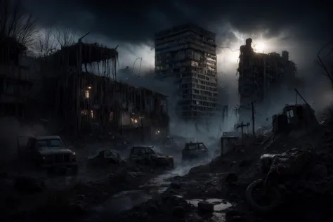 a dark city with a lot of cars and buildings in the background