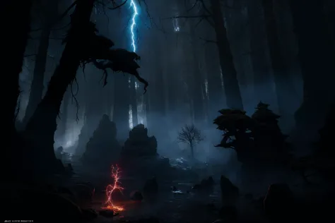 RAW photo of  lightening in a dark forest with trees and rocks in the background , Clint Cearley, magic the gathering artwork, c...