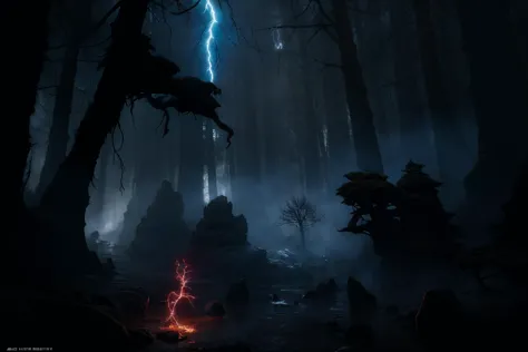 RAW photo of  lightening in a dark forest with trees and rocks in the background , Clint Cearley, magic the gathering artwork, concept art, altermodern,  darkness<lora:LowRA_v2:.6> <lora:Darkness:.7>