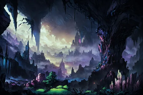 masterpiece,absurdres,high res,best quality,<lora:uv:1.2>,blacklight,ultra_detailed,intricate,scenery,masterpiece, best quality, highres, absurdres,landscape,a painting of a cave with a lot of trees and plants and ruins and light comming inside, concept art , matte fantasy painting, a detailed matte painting, fantasy art,no_humans, Create sharp defined light with a soft glow,Create long narrow light sources for dramatic lighting effects,Add color to the light and create a haunting mood and a ominous atmosphere,extremely detailed, extremely detailed textures,Wide-angle lens,<lora:LowRA:0.6>, <lora:epiNoiseoffset_v2:0.6>,scenery,absurdres,mountains,at night, Eyvind Earle, a detailed matte painting, fantasy art,<lora:epiNoiseoffset_v2:0.5>, <lora:howlbgsv3:0.5>, <lora:artbytokiame:0.5>, <lora:add_detail:0.4>, ink outlines, wallpaper, vignette, matte painting,complex lighting, dynamic shading, complementary colors, HDR, absurdres, cinematic, saturated colors, flat color pallete, (masterpiece:1.2), (best quality:1.1),BREAK