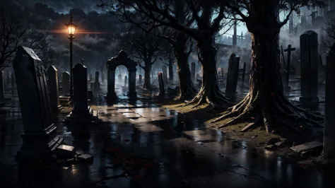 a dark cemetery with a street light and tombstones in the background