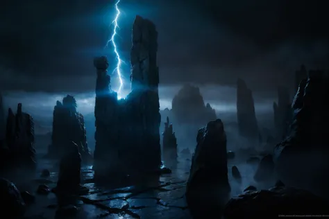 a dark and stormy scene with a lightning bolt coming out of the top of a rock