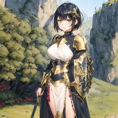 <hypernet:watercoloranime:1> 1girl, short hair, black hair, hime cut, green eyes, hair ornament, paladin armor, full plate, hold...