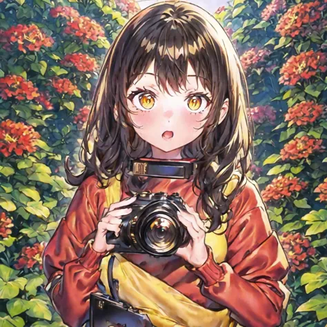 <hypernet:watercoloranime:1> 1girl, brown hair, yellow eyes, wearing a red sweater and black leggings, at a botanical garden, ho...