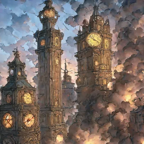 <hypernet:watercoloranime:1.3> steampunk city, airships, gears, steam, clock tower