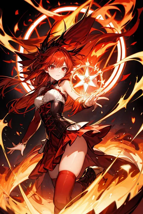 a woman in a red dress with a fire ring around her