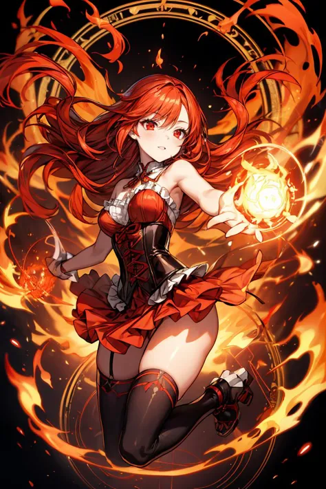 a woman in a red dress with a fireball in her hand