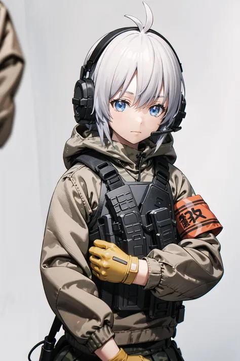 best quality,masterpiece,1girl,solo,solo focus,hasuki,gloves,antenna hair,headphones,headset,armband,load bearing vest,boots,skirt,blue eyes,camouflage,knee pads,shorts,hood,uniform,jacket,military uniform,looking at viewer,simple background,closed mouth,grey hair,upper body,looking away,<lora:æ³¢é¨è¨æ²V2.0:0.6>,