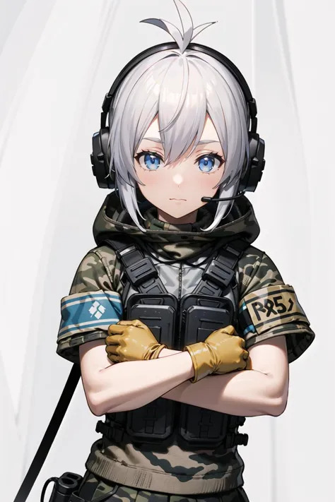 best quality,masterpiece,1girl,solo,solo focus,hasuki,gloves,antenna hair,headphones,headset,armband,load bearing vest,boots,skirt,blue eyes,camouflage,knee pads,shorts,hood,uniform,jacket,military uniform,looking at viewer,simple background,closed mouth,grey hair,upper body,looking away,<lora:æ³¢é¨è¨æ²V2.0:0.4>,