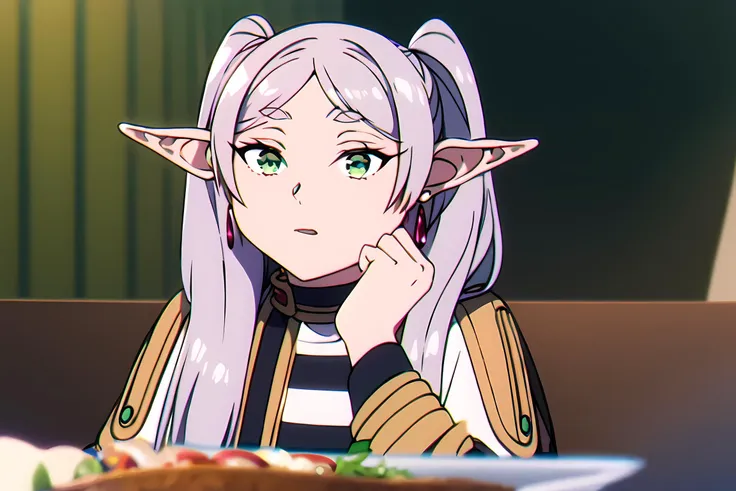 anime girl with long white hair sitting at a table with a plate of food