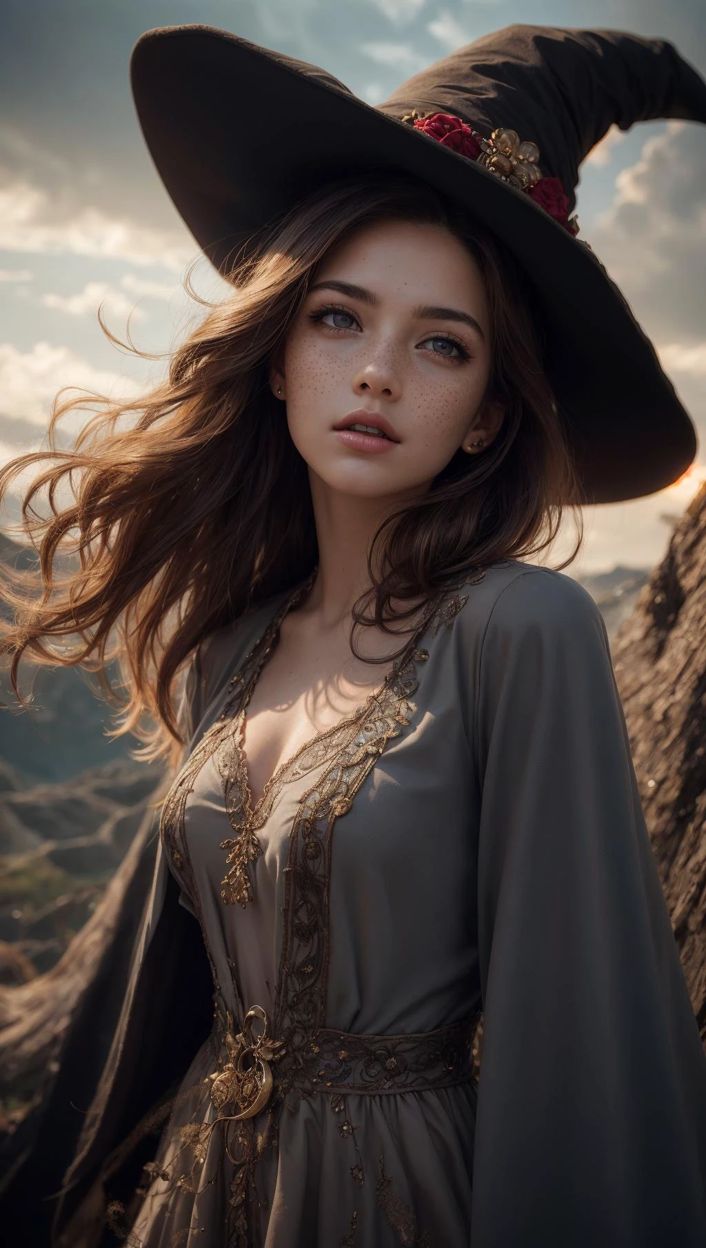 photorealistic, 35mm, intricate details, hdr, intricate details, hyperdetailed, natural skin texture, hyperrealism, sharp, 1 girl, adult (elven:0.7) woman, freckles, grey eyes, chestnut layered hair, portrait, looking down, solo, half shot, detailed background, witch hat, witch, magical atmosphere, hair flowing in the wind, red trimmed light colored clothes, whirlwind of swirling magic spell in the air, dark magic, (style-swirlmagic:0.8), floating particles,