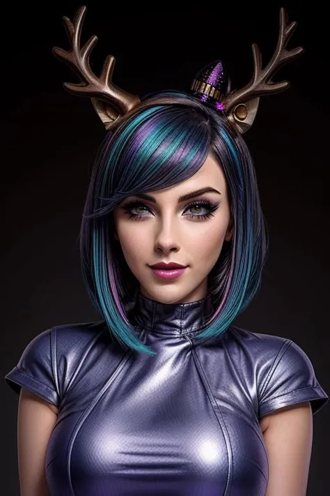 a woman with a deer antlers headband and a purple top