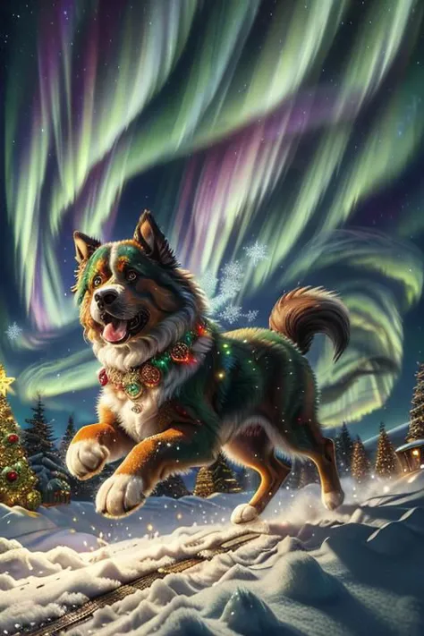 running giant green Saint Bernard dog, christmas balls on fur, side view, dynamic, cartoon, sparkles, detailed, masterpiece, vib...