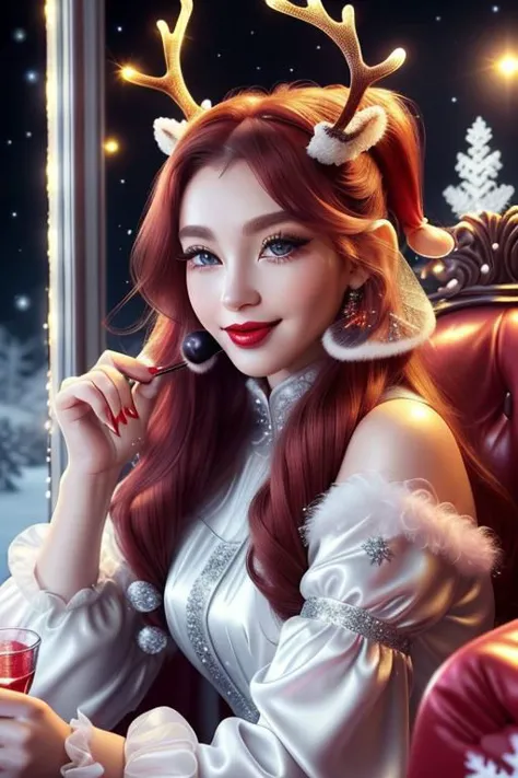 frostedstyle, (full body:1.2), professional image of a cute reindeer woman, (frilly elegant satin Christmas full length princess...