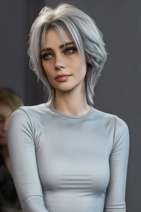 a woman with grey hair and a white top is posing