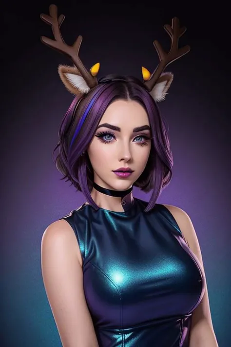 a woman with purple hair, beautiful grey eyes, sharp bob cut, tucked behind one ear, high cheekbones, sharp jawline, wearing a yellow dress, angelawhite, amouranth as a super villain, amouranth, jessica nigri, bust shot, lola bunny fanart, jessica nigri face!!, violet yers, better known as amouranth, mika pikazo, (bold thick eyebrows:1.2), (mascara:1.15), (eyeliner:1.3), (eyeshadow:1.35), stup1dantl3rs, fake antlers,  looking towards the camera, emylie boivin, jaidenanimations, dark blue gradient background