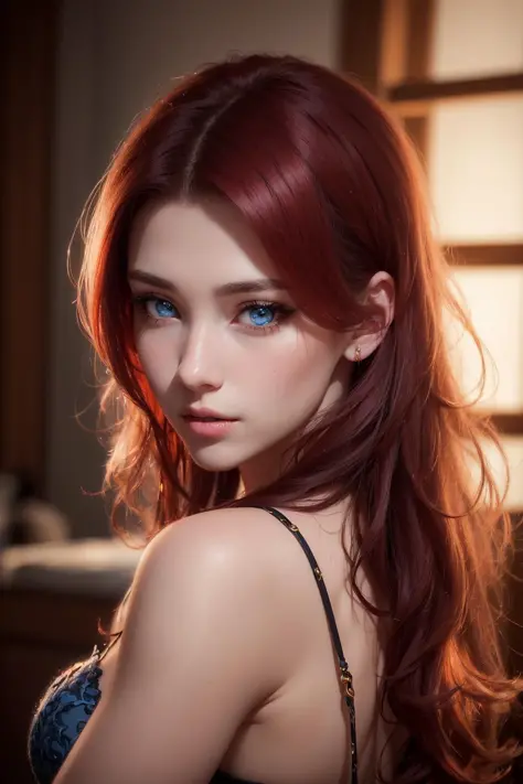 high quality fingers, normal hands, detailed fingers,masterpiece, (realistic, photo-realistic:1.37), (22 years old woman), katarina from league of legends, medium breast, small waist, dark red hair, blue eyes, beautiful face, perfect illumination, beautifu...