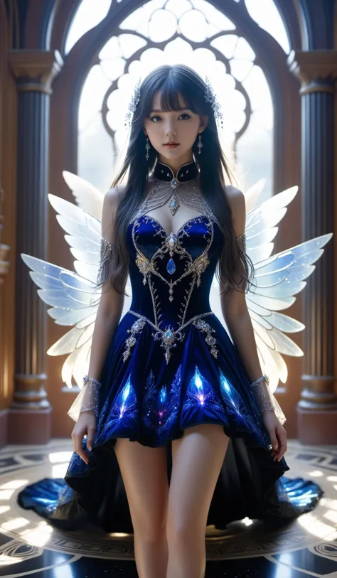 a woman in a blue dress with wings and a choke