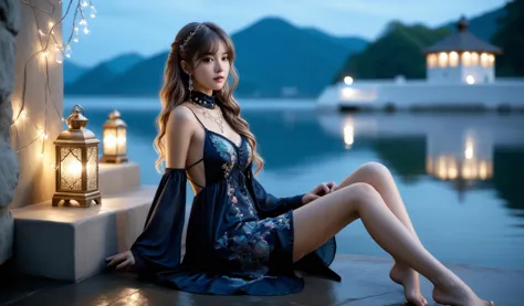 a close up of a woman sitting on a ledge near a body of water