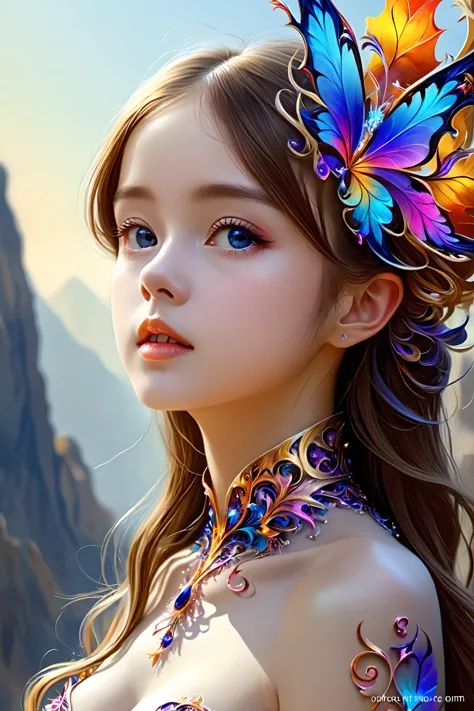 a girl with a butterfly headpiece and a colorful dress