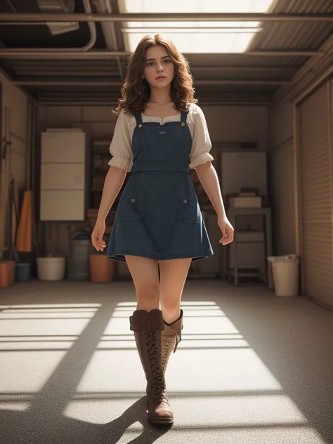 a woman in a blue dress and brown boots walking in a garage