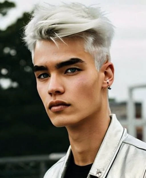 Niño bonito, Asian young man, punk, cabello plateado, piel pálida, fondo de la ciudad moderna, fotografía de cerca, 