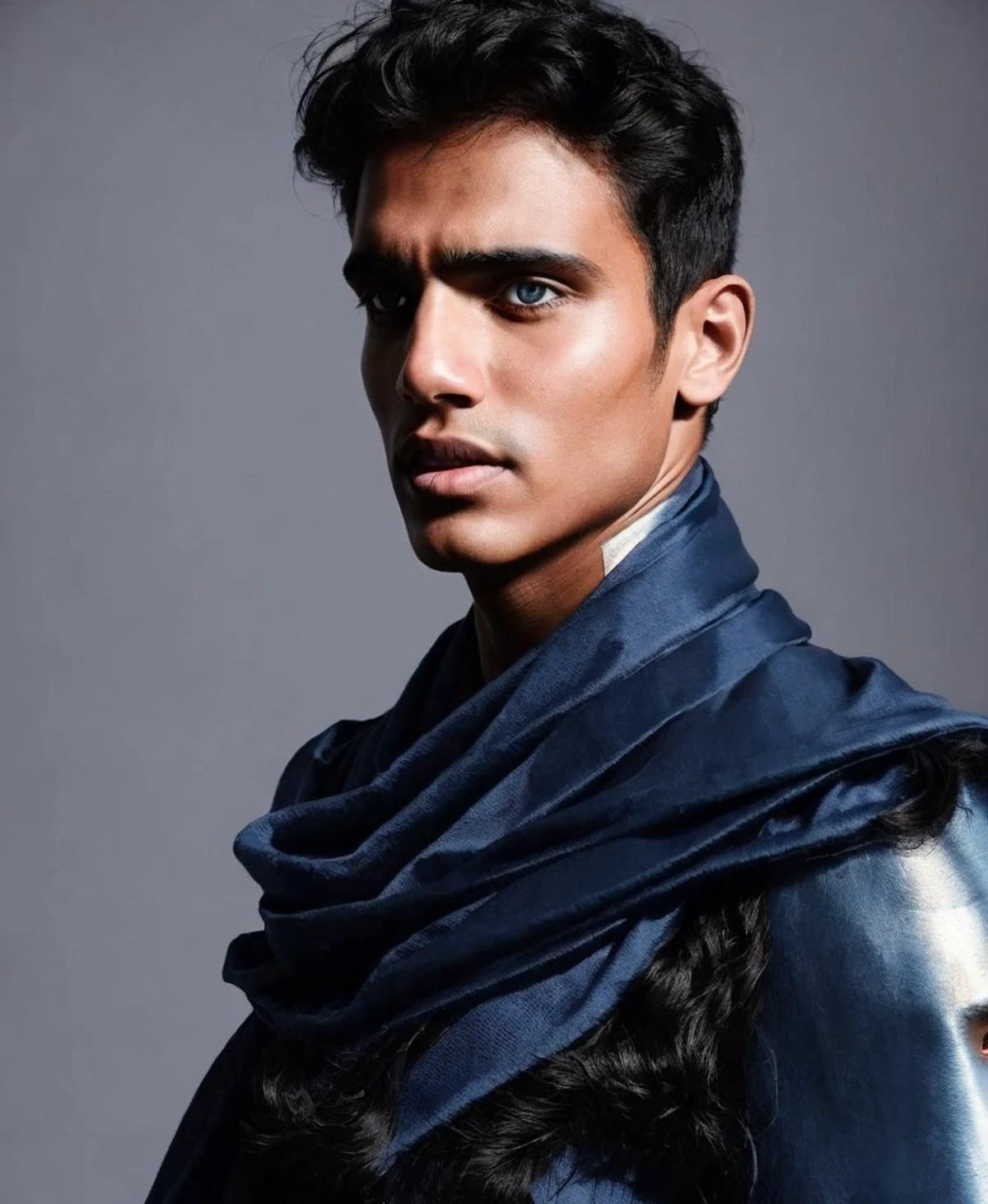 photo of indian man with blue hair, grey eyes, black cape, fantasy background, beautiful, masterpiece, best quality,  sam yang, Pretty Boy