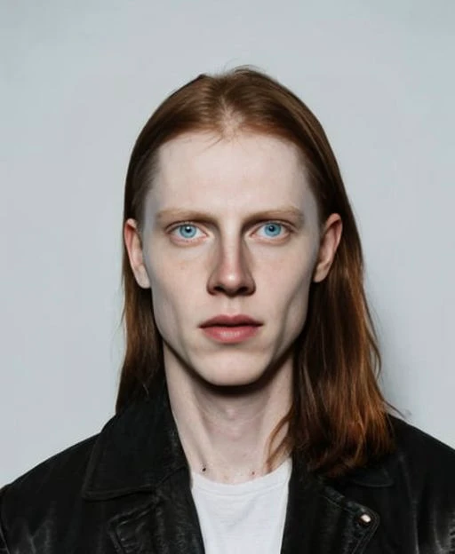 man, red long hair, pale skin, grey eyes, black jacket, blue jeans, white t-shirt, neon light, night, outdoors, night street, natural colors, blue eyes, (medium shot:1.2), (ultra realistic:1.2), (looking at viewer:1.2) 