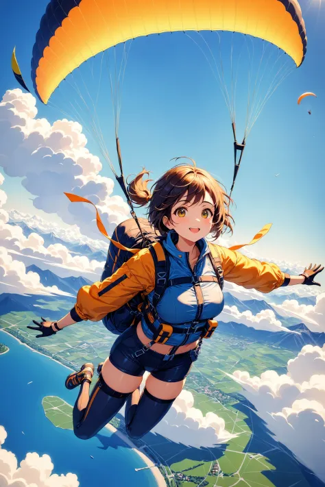 1girl, solo, paraglider, flying in the sky, masterpiece, best quality