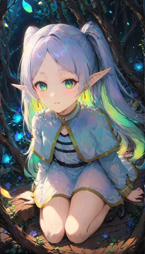 1girl, Frieren, green eyes, silver hair with twintails, pointy ears, elf, owoface, extreemely detailed, light particles floating, kneeling in the forest watching spirits, eerie aura,
chromatic aberration, colorful forest lights during night time, oily skin,
dynamic angle, colorful glowing flowers, night,
hair ornament, red earrings, intrincate clothing, white robe, ultra detailed skin, ultra detailed face, small boobs, flat chest, [fireflies:opal:0.4]
<lora:IOS_Iridescent_opal_style:1> <lora:frieren_xl_2:1>