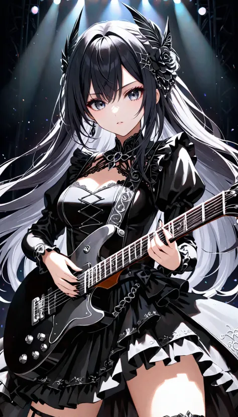 swedish metal rock girl holding a guitar, intense stare into camera, with gothic make-up, intricate details, highly detailed eye...