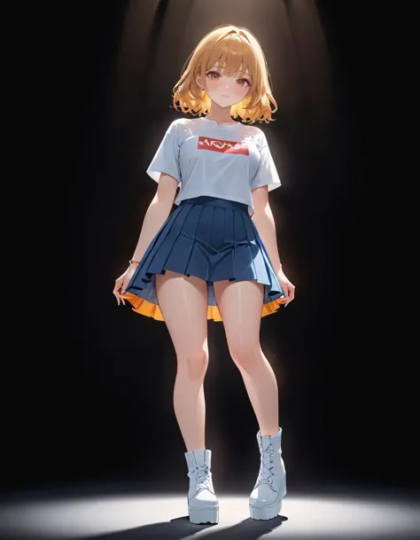 Tシャツを着たかわいい女性, スカート, 白い厚底ブーツ, 裸足, 黒背景.
最高品質, 傑作, (高解像度, 非常に詳細な:1.2), 映画照明, 鮮やかな色彩, 