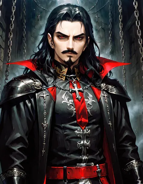 anime artwork photograph Dracula, sotn, 1boy, male focus, facial hair, black hair, beard, mustache, long hair, jewelry, black ca...