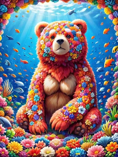 a painting of a bear with flowers in its mouth