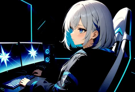 anime girl sitting in front of a computer with a keyboard and monitor