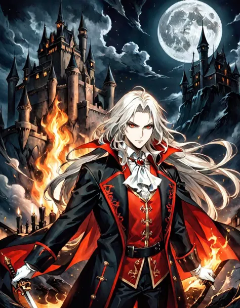 anime artwork photograph sotn, Alucard, holding weapon, 1boy, holding sword, full moon, male focus, candle, long hair, facial hair, white gloves, beard, black cape, castle, official art, pale skin, ascot, night sky, vampire, looking at viewer, long sleeves, traditional media, fire, white hair, photoshop (medium), manly, upper body, closed mouth, coat, floating hair, standing
 <lora:sotn:.6> 
<lora:offset_0.2:0.5>, 50mm . cinematic 4k epic detailed 4k epic detailed photograph shot on kodak detailed cinematic hbo dark moody, 35mm photo, grainy, vignette, vintage, Kodachrome, Lomography, stained, highly detailed, found footage . anime style, key visual, vibrant, studio anime,  highly detailed