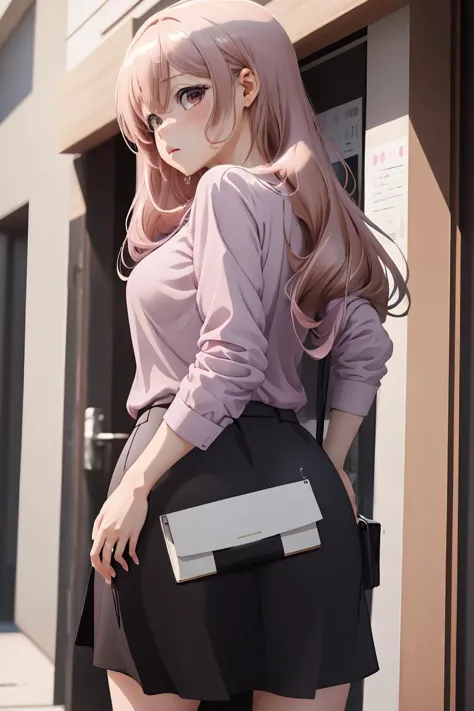 (masterpiece, best quality), 1girl,  <lora:twisted_torso_v0.1:1> from behind, looking back, blush, pink hair,  <lora:shiorikatase-nvwls-v1:1> katase shiori, purple sweater, black skirt, shirt, dress shirt, brown skirt