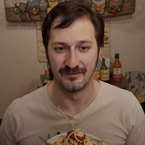 <lora:rekieta_v6:1>, rekieta, facial hair, gaunt, thin, eating spaghetti